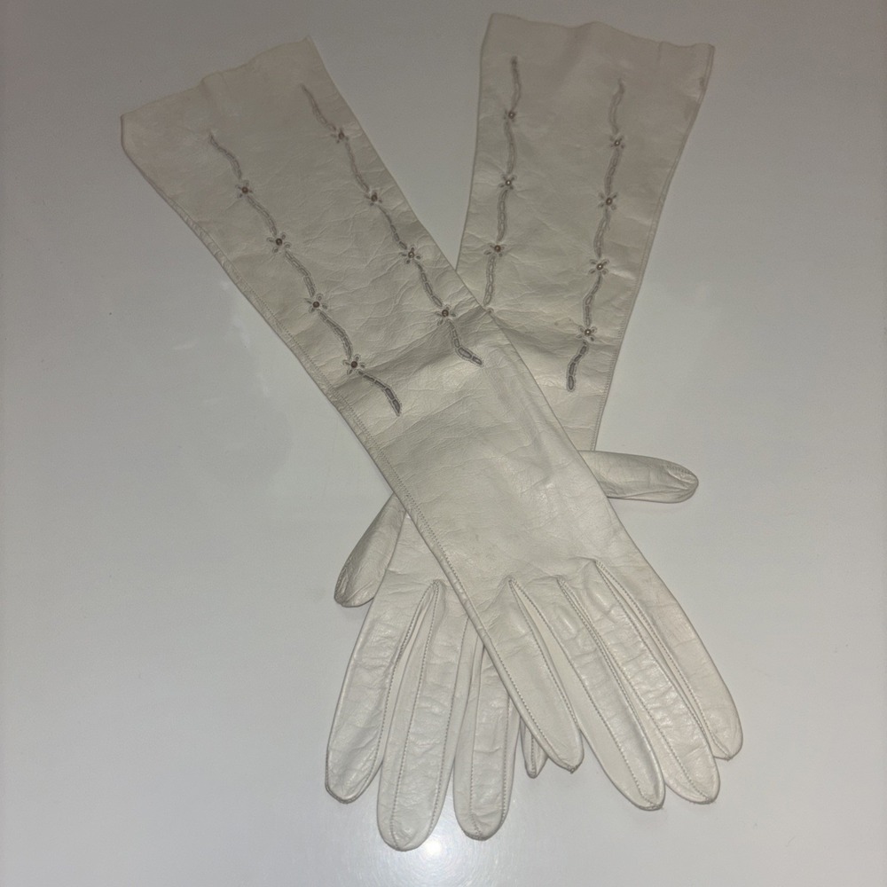 Vintage White Leather Opera Gloves Floral Embroidery Beaded Evening Formal 15.5"